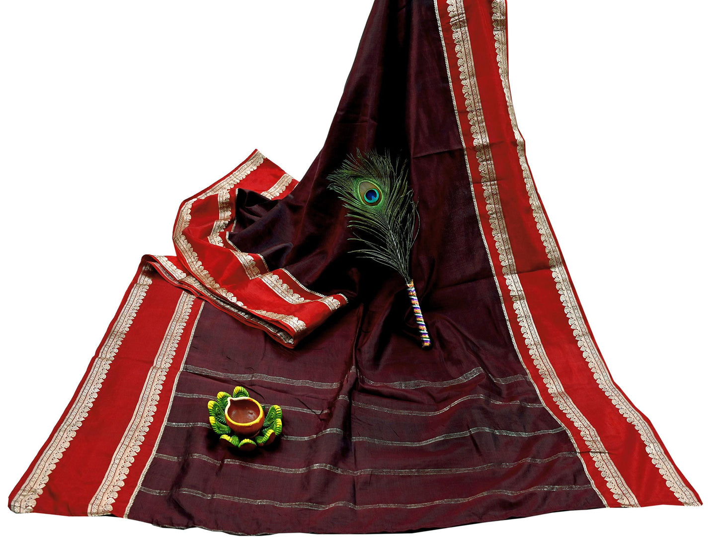 Indian Vintage Sari  Red & Maroon Mysore Silk Woven Saree with Zari Border 5 Yards Soft Craft Fabric Upcycle, Quilting, Dressmaking