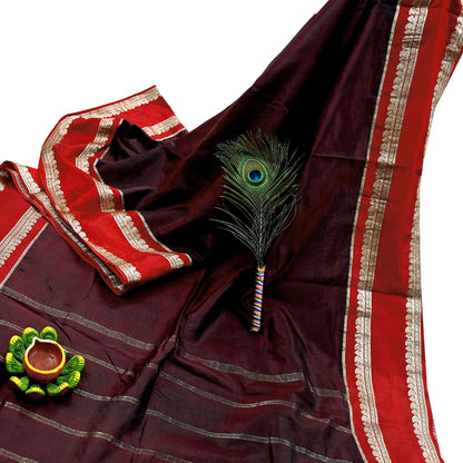 Indian Vintage Sari  Red & Maroon Mysore Silk Woven Saree with Zari Border 5 Yards Soft Craft Fabric Upcycle, Quilting, Dressmaking