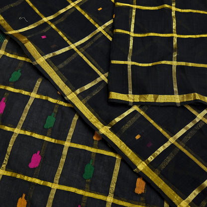 Indian Vintage Sari Black Pure Cotton Hand Woven Sarees Craft Fabric 5yd Ethnic Floral Crafting Upcycle Quilting Dress Making