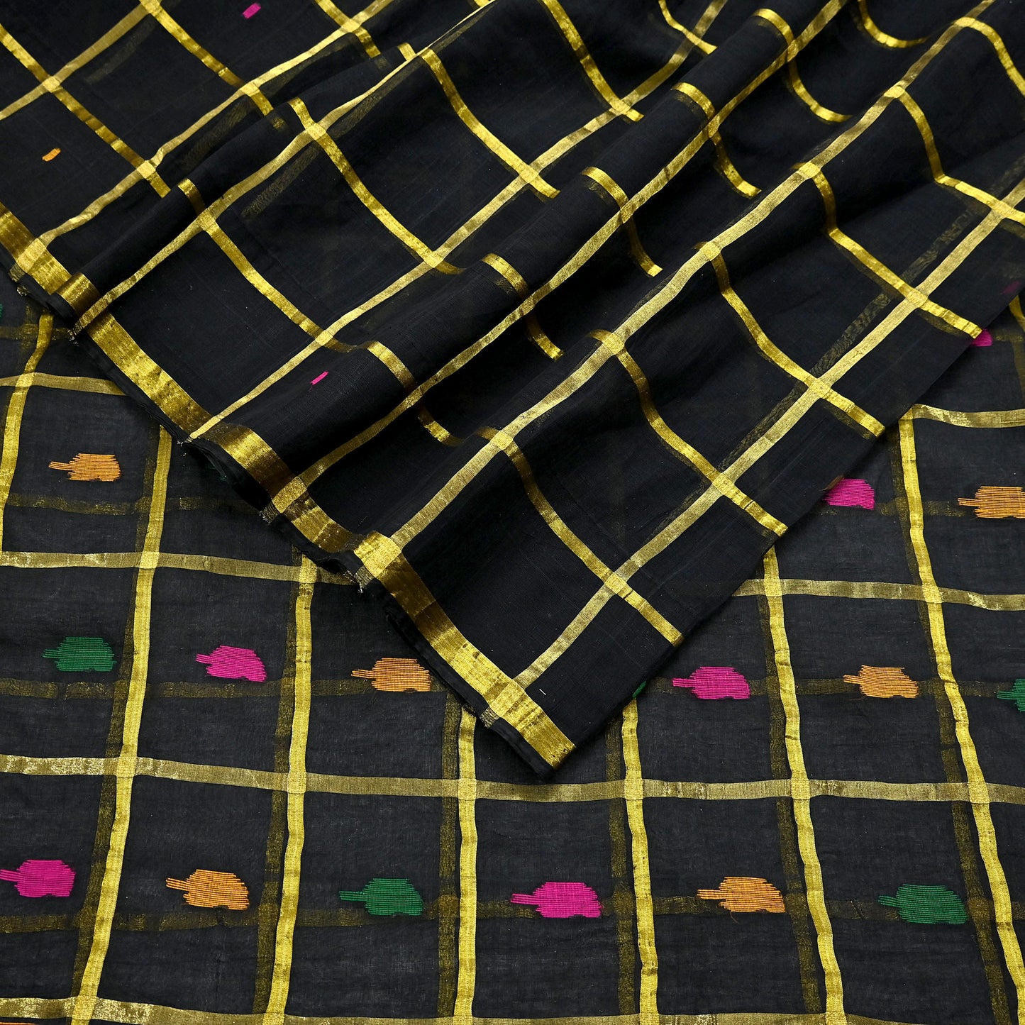 Indian Vintage Sari Black Pure Cotton Hand Woven Sarees Craft Fabric 5yd Ethnic Floral Crafting Upcycle Quilting Dress Making