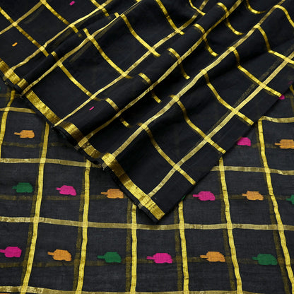 Indian Vintage Sari Black Pure Cotton Hand Woven Sarees Craft Fabric 5yd Ethnic Floral Crafting Upcycle Quilting Dress Making