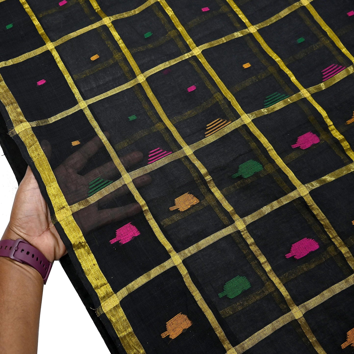 Indian Vintage Sari Black Pure Cotton Hand Woven Sarees Craft Fabric 5yd Ethnic Floral Crafting Upcycle Quilting Dress Making