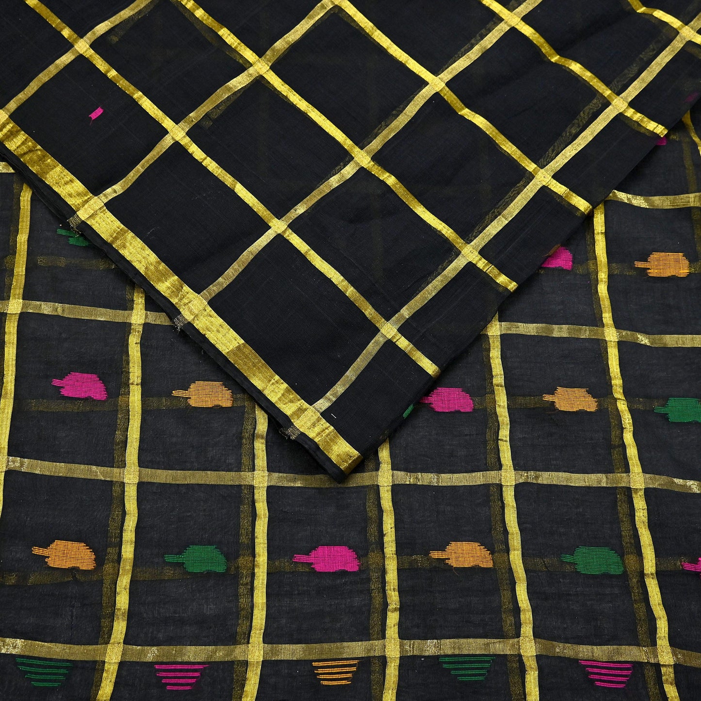 Indian Vintage Sari Black Pure Cotton Hand Woven Sarees Craft Fabric 5yd Ethnic Floral Crafting Upcycle Quilting Dress Making