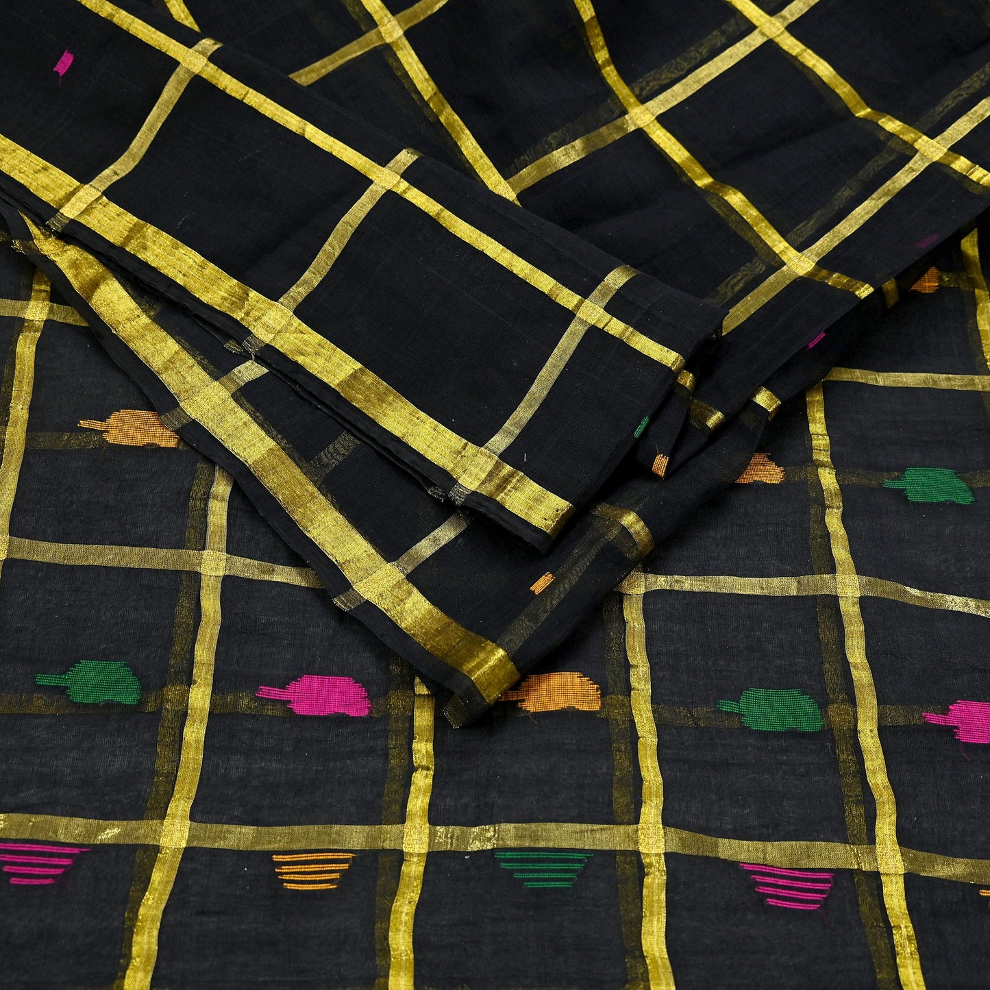 Indian Vintage Sari Black Pure Cotton Hand Woven Sarees Craft Fabric 5yd Ethnic Floral Crafting Upcycle Quilting Dress Making