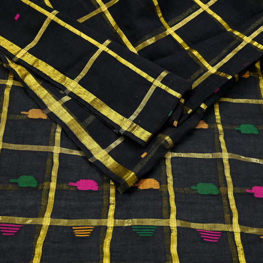 Indian Vintage Sari Black Pure Cotton Hand Woven Sarees Craft Fabric 5yd Ethnic Floral Crafting Upcycle Quilting Dress Making