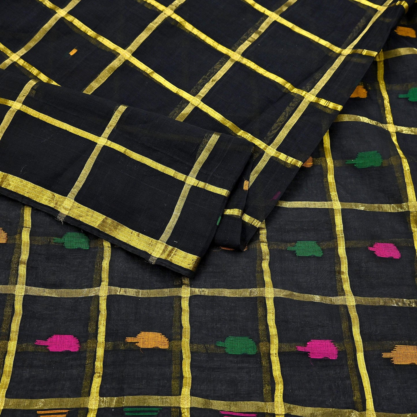 Indian Vintage Sari Black Pure Cotton Hand Woven Sarees Craft Fabric 5yd Ethnic Floral Crafting Upcycle Quilting Dress Making