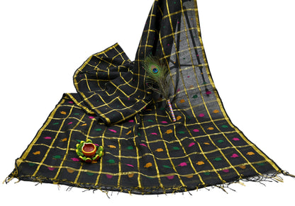 Indian Vintage Sari Black Pure Cotton Hand Woven Sarees Craft Fabric 5yd Ethnic Floral Crafting Upcycle Quilting Dress Making