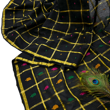 Indian Vintage Sari Black Pure Cotton Hand Woven Sarees Craft Fabric 5yd Ethnic Floral Crafting Upcycle Quilting Dress Making