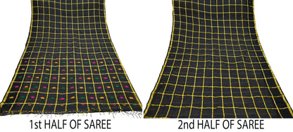 Indian Vintage Sari Black Pure Cotton Hand Woven Sarees Craft Fabric 5yd Ethnic Floral Crafting Upcycle Quilting Dress Making