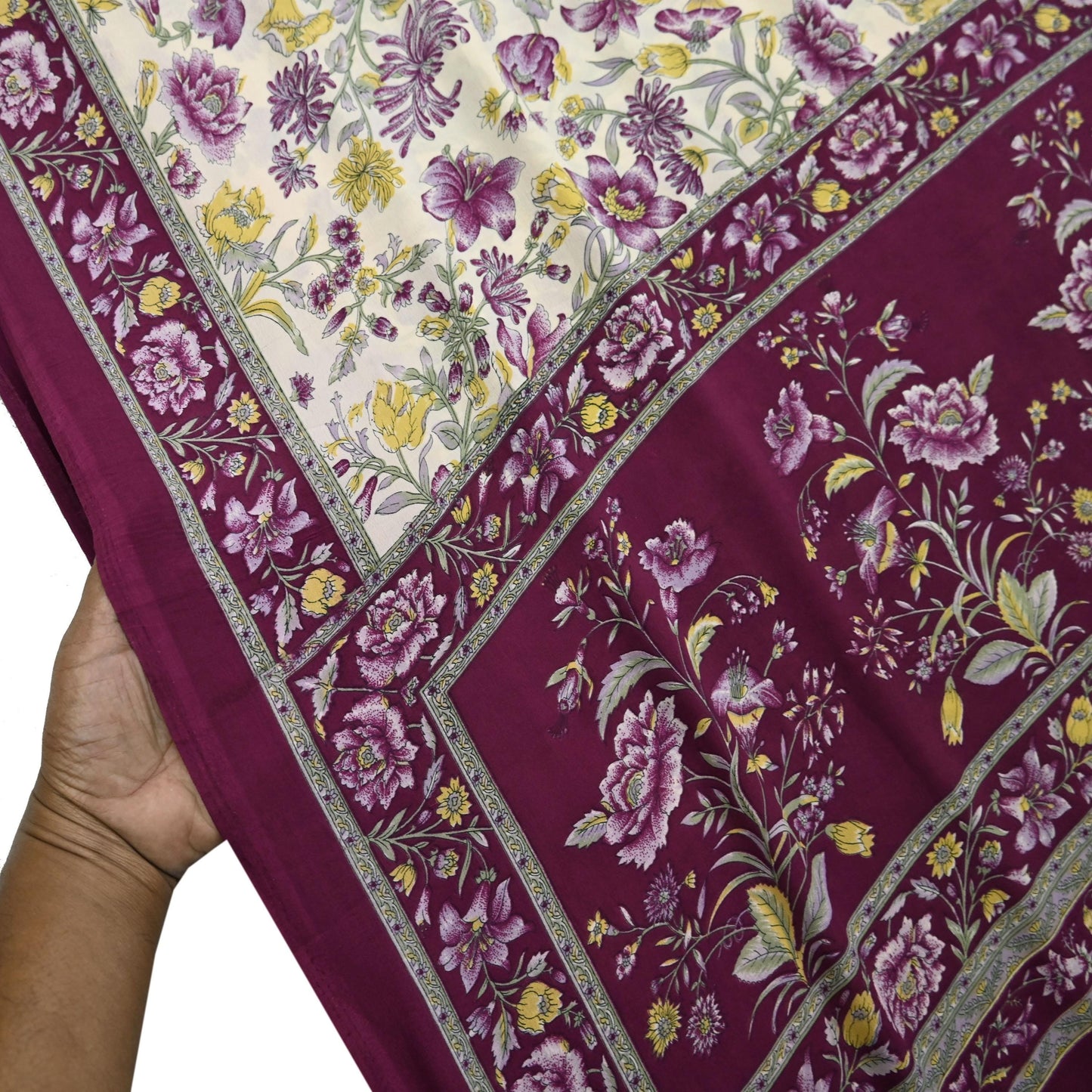 Indian Vintage Sari Maroon & Ivory Moss Crepe Printed Sarees 5yd Craft Fabric Sewing Floral Soft Dress making Quilting Crafting Upcycle Used