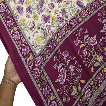 Indian Vintage Sari Maroon & Ivory Moss Crepe Printed Sarees 5yd Craft Fabric Sewing Floral Soft Dress making Quilting Crafting Upcycle Used