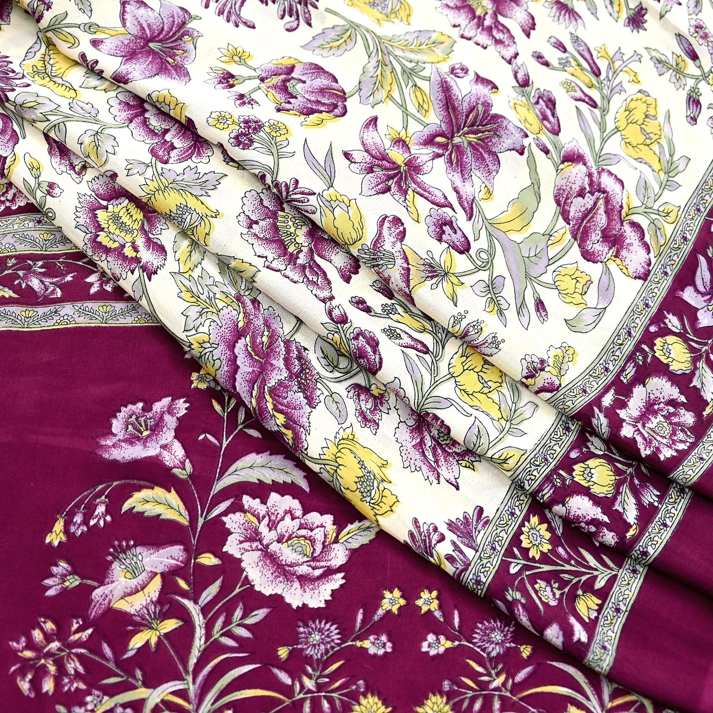 Indian Vintage Sari Maroon & Ivory Moss Crepe Printed Sarees 5yd Craft Fabric Sewing Floral Soft Dress making Quilting Crafting Upcycle Used