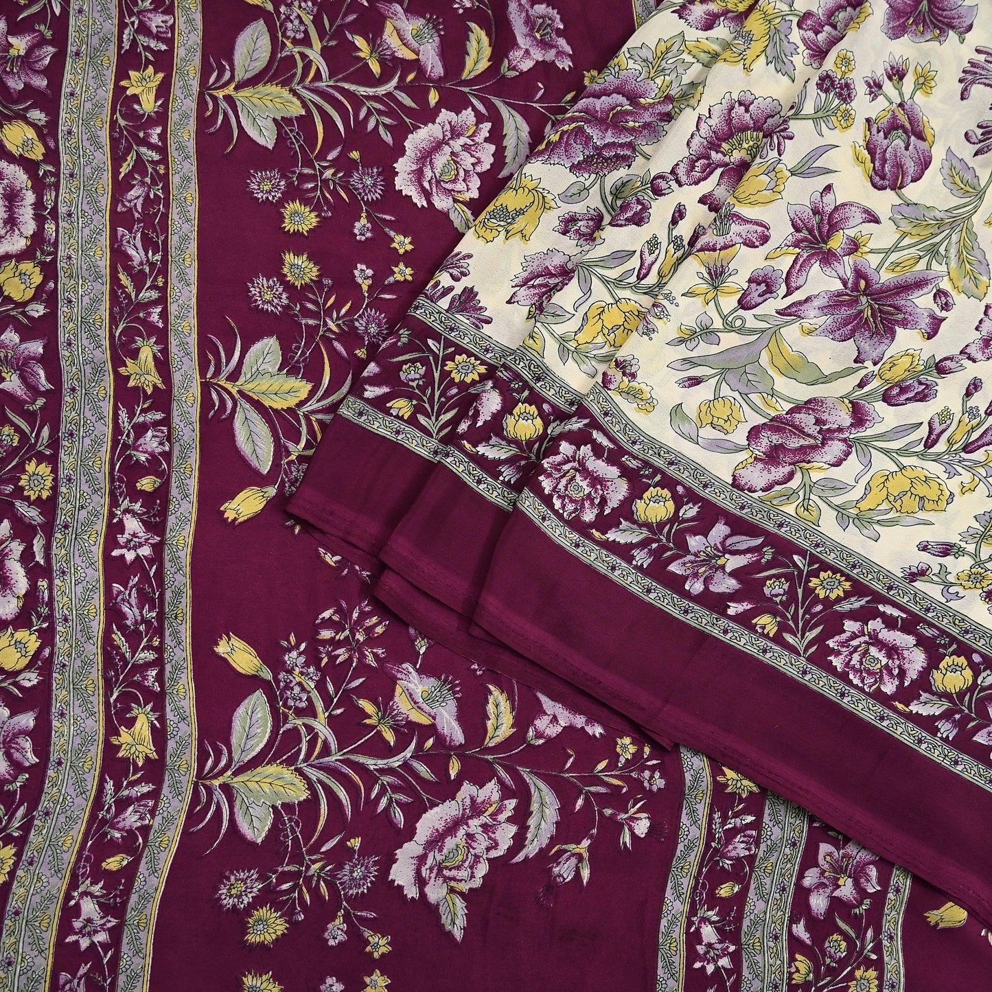 Indian Vintage Sari Maroon & Ivory Moss Crepe Printed Sarees 5yd Craft Fabric Sewing Floral Soft Dress making Quilting Crafting Upcycle Used