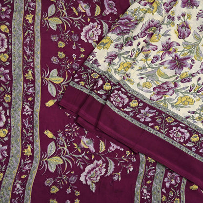 Indian Vintage Sari Maroon & Ivory Moss Crepe Printed Sarees 5yd Craft Fabric Sewing Floral Soft Dress making Quilting Crafting Upcycle Used