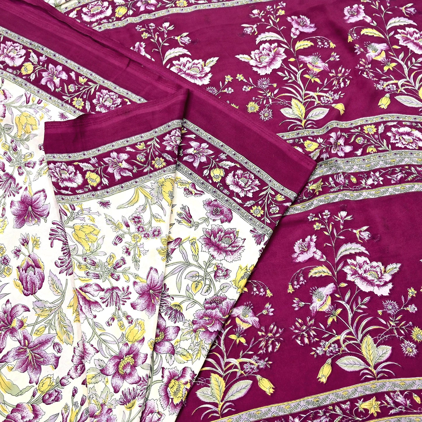 Indian Vintage Sari Maroon & Ivory Moss Crepe Printed Sarees 5yd Craft Fabric Sewing Floral Soft Dress making Quilting Crafting Upcycle Used
