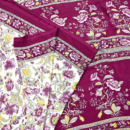 Indian Vintage Sari Maroon & Ivory Moss Crepe Printed Sarees 5yd Craft Fabric Sewing Floral Soft Dress making Quilting Crafting Upcycle Used