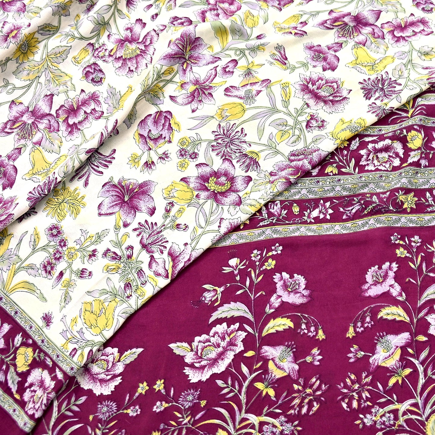 Indian Vintage Sari Maroon & Ivory Moss Crepe Printed Sarees 5yd Craft Fabric Sewing Floral Soft Dress making Quilting Crafting Upcycle Used