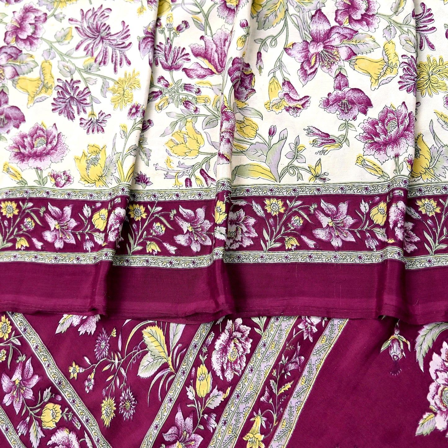 Indian Vintage Sari Maroon & Ivory Moss Crepe Printed Sarees 5yd Craft Fabric Sewing Floral Soft Dress making Quilting Crafting Upcycle Used