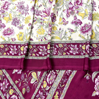 Indian Vintage Sari Maroon & Ivory Moss Crepe Printed Sarees 5yd Craft Fabric Sewing Floral Soft Dress making Quilting Crafting Upcycle Used