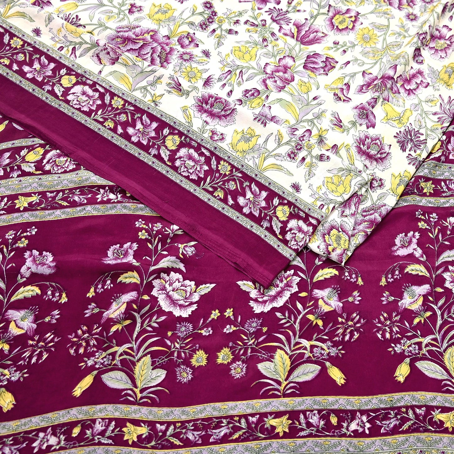 Indian Vintage Sari Maroon & Ivory Moss Crepe Printed Sarees 5yd Craft Fabric Sewing Floral Soft Dress making Quilting Crafting Upcycle Used