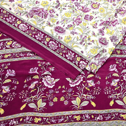 Indian Vintage Sari Maroon & Ivory Moss Crepe Printed Sarees 5yd Craft Fabric Sewing Floral Soft Dress making Quilting Crafting Upcycle Used