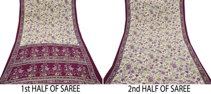 Indian Vintage Sari Maroon & Ivory Moss Crepe Printed Sarees 5yd Craft Fabric Sewing Floral Soft Dress making Quilting Crafting Upcycle Used
