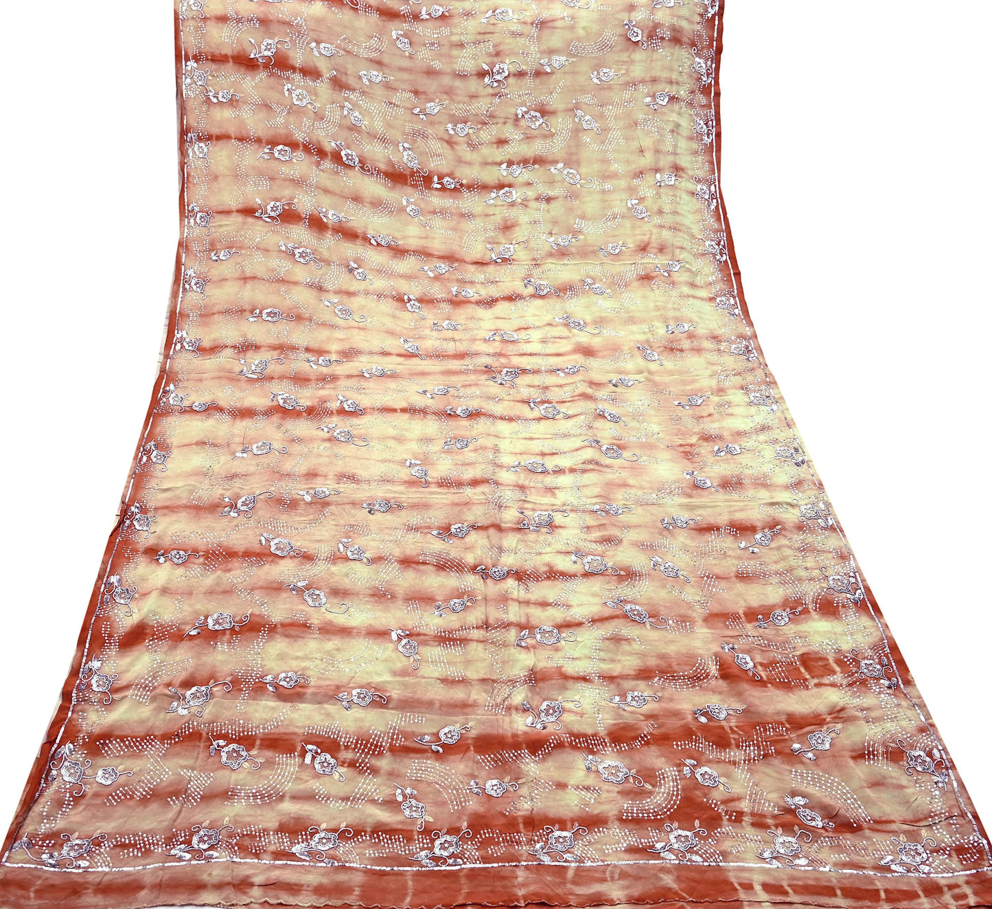 Indian Vintage Saree Pure Crepe Silk Hand Embroidered Tie-Dye Sari Fabric 5yard Sewing Craft Fabric Ethnic Dressmaking Crafting Zardozi Zari