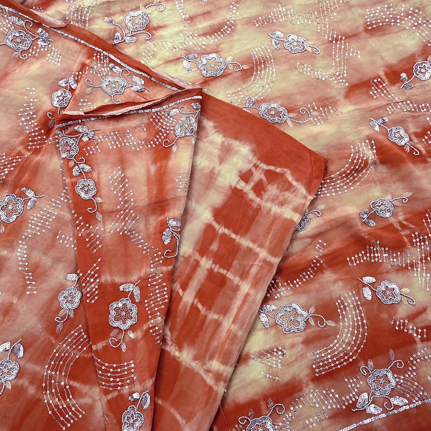 Indian Vintage Saree Pure Crepe Silk Hand Embroidered Tie-Dye Sari Fabric 5yard Sewing Craft Fabric Ethnic Dressmaking Crafting Zardozi Zari