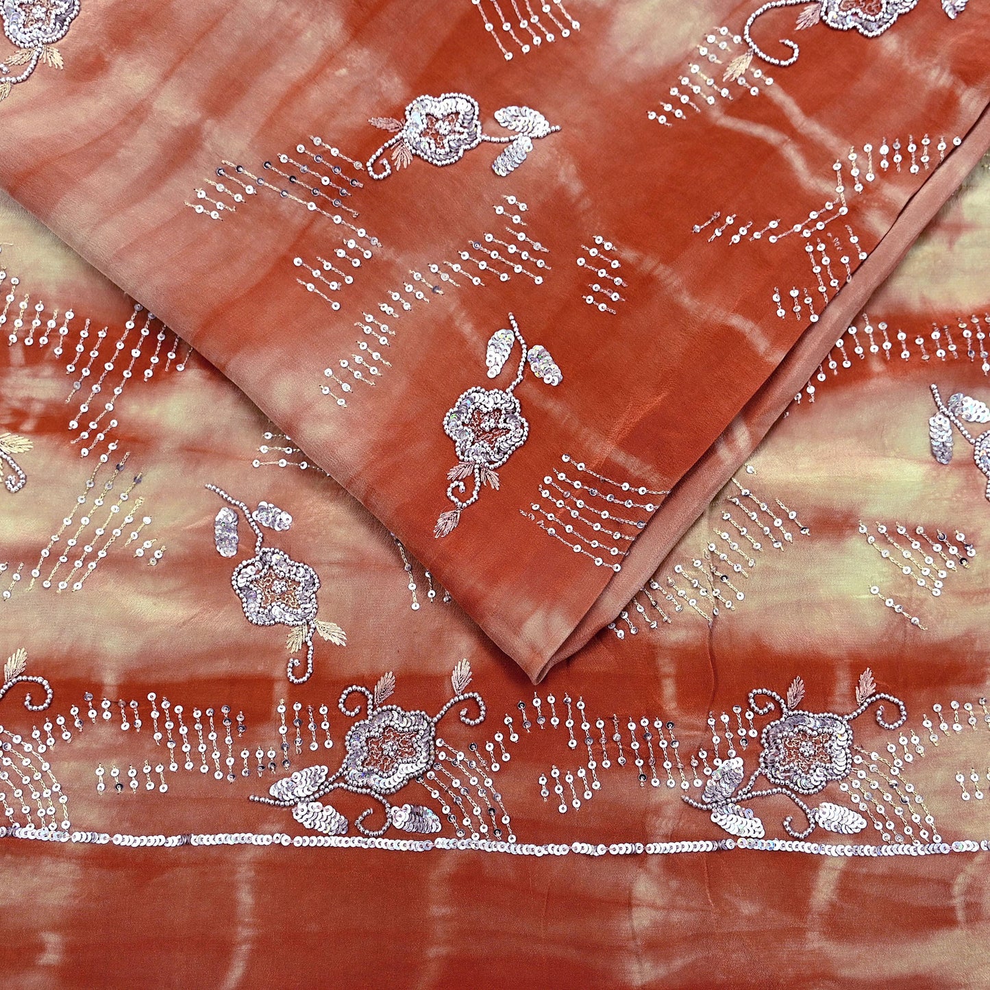 Indian Vintage Saree Pure Crepe Silk Hand Embroidered Tie-Dye Sari Fabric 5yard Sewing Craft Fabric Ethnic Dressmaking Crafting Zardozi Zari