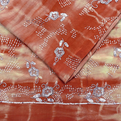 Indian Vintage Saree Pure Crepe Silk Hand Embroidered Tie-Dye Sari Fabric 5yard Sewing Craft Fabric Ethnic Dressmaking Crafting Zardozi Zari