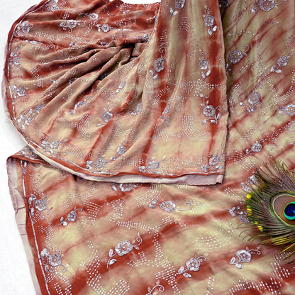 Indian Vintage Saree Pure Crepe Silk Hand Embroidered Tie-Dye Sari Fabric 5yard Sewing Craft Fabric Ethnic Dressmaking Crafting Zardozi Zari