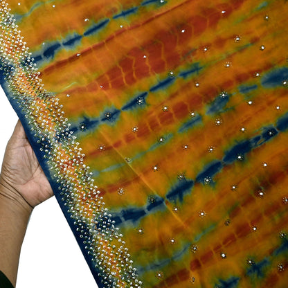 Indian Vintage Multi Saree Pure Crepe Silk Hand Embroidered Tie-Dye Sari Fabric 6yard Sewing Craft Fabric Ethnic Sequins Dressmaking