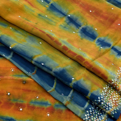 Indian Vintage Multi Saree Pure Crepe Silk Hand Embroidered Tie-Dye Sari Fabric 6yard Sewing Craft Fabric Ethnic Sequins Dressmaking
