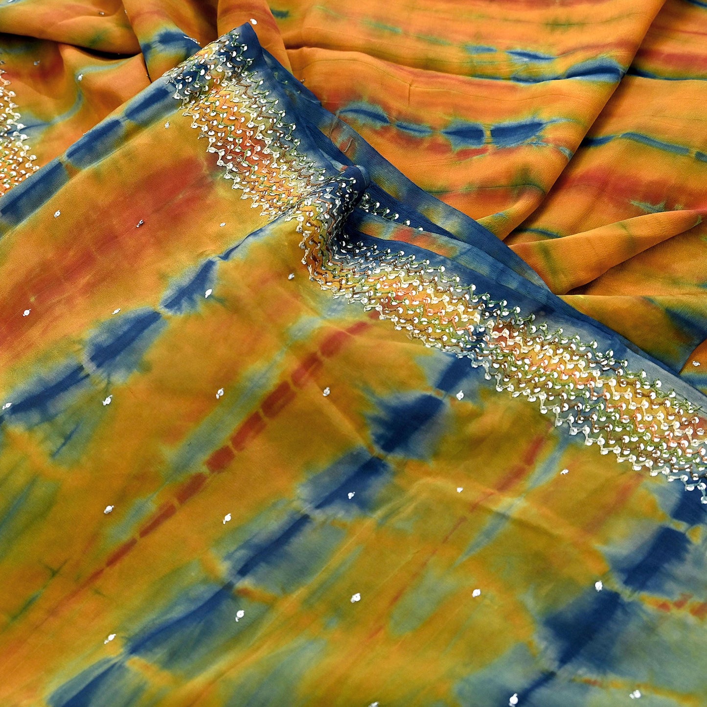 Indian Vintage Multi Saree Pure Crepe Silk Hand Embroidered Tie-Dye Sari Fabric 6yard Sewing Craft Fabric Ethnic Sequins Dressmaking