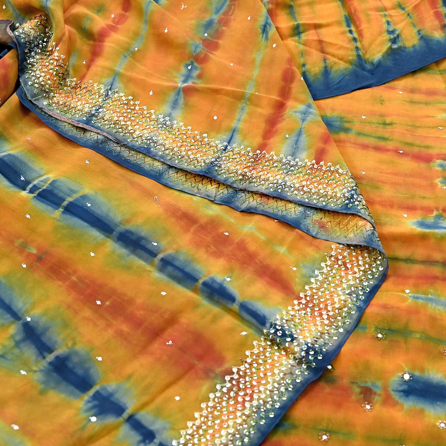 Indian Vintage Multi Saree Pure Crepe Silk Hand Embroidered Tie-Dye Sari Fabric 6yard Sewing Craft Fabric Ethnic Sequins Dressmaking