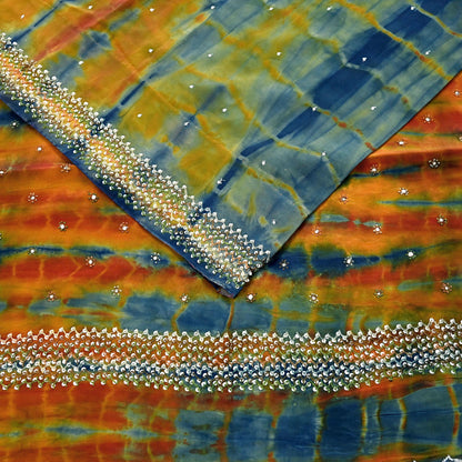 Indian Vintage Multi Saree Pure Crepe Silk Hand Embroidered Tie-Dye Sari Fabric 6yard Sewing Craft Fabric Ethnic Sequins Dressmaking