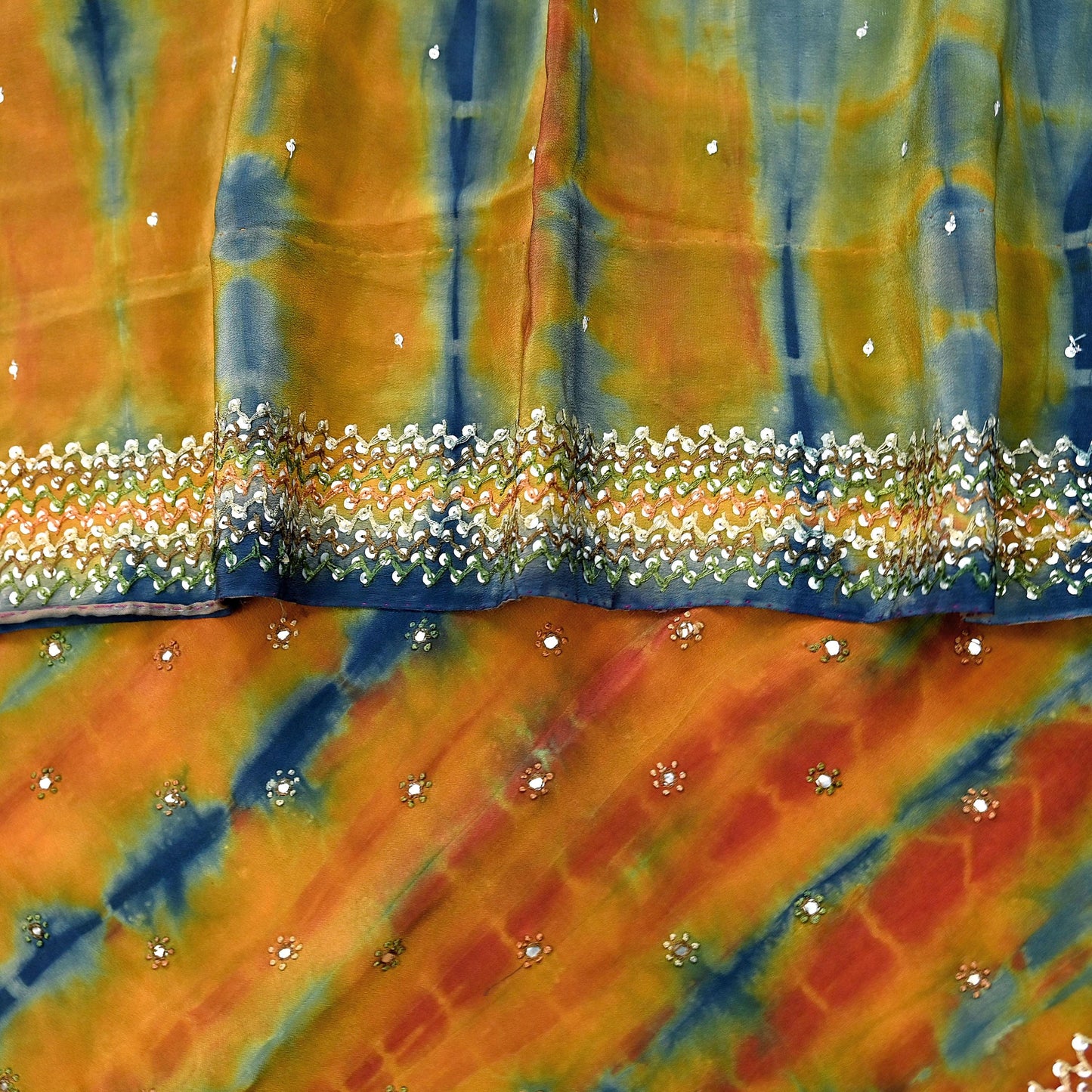 Indian Vintage Multi Saree Pure Crepe Silk Hand Embroidered Tie-Dye Sari Fabric 6yard Sewing Craft Fabric Ethnic Sequins Dressmaking