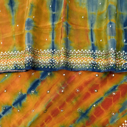 Indian Vintage Multi Saree Pure Crepe Silk Hand Embroidered Tie-Dye Sari Fabric 6yard Sewing Craft Fabric Ethnic Sequins Dressmaking