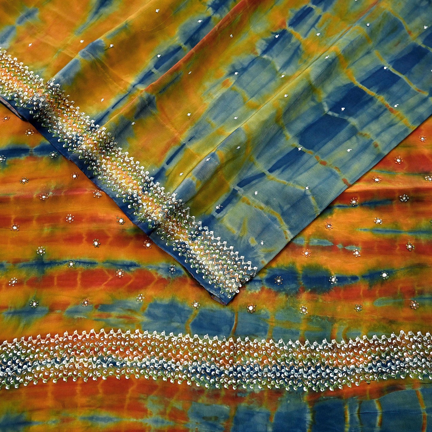 Indian Vintage Multi Saree Pure Crepe Silk Hand Embroidered Tie-Dye Sari Fabric 6yard Sewing Craft Fabric Ethnic Sequins Dressmaking