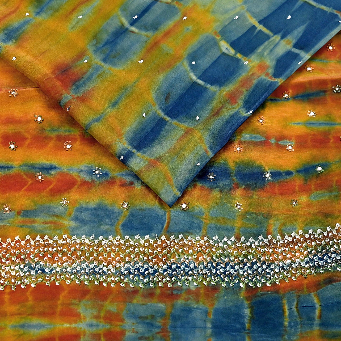 Indian Vintage Multi Saree Pure Crepe Silk Hand Embroidered Tie-Dye Sari Fabric 6yard Sewing Craft Fabric Ethnic Sequins Dressmaking