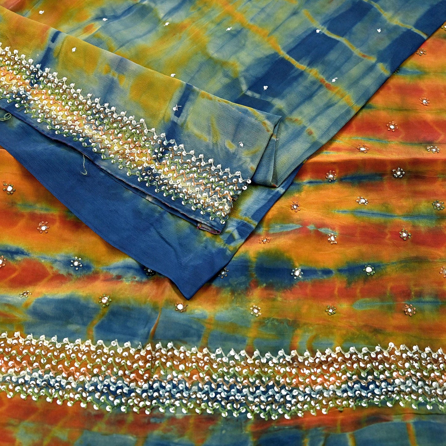 Indian Vintage Multi Saree Pure Crepe Silk Hand Embroidered Tie-Dye Sari Fabric 6yard Sewing Craft Fabric Ethnic Sequins Dressmaking