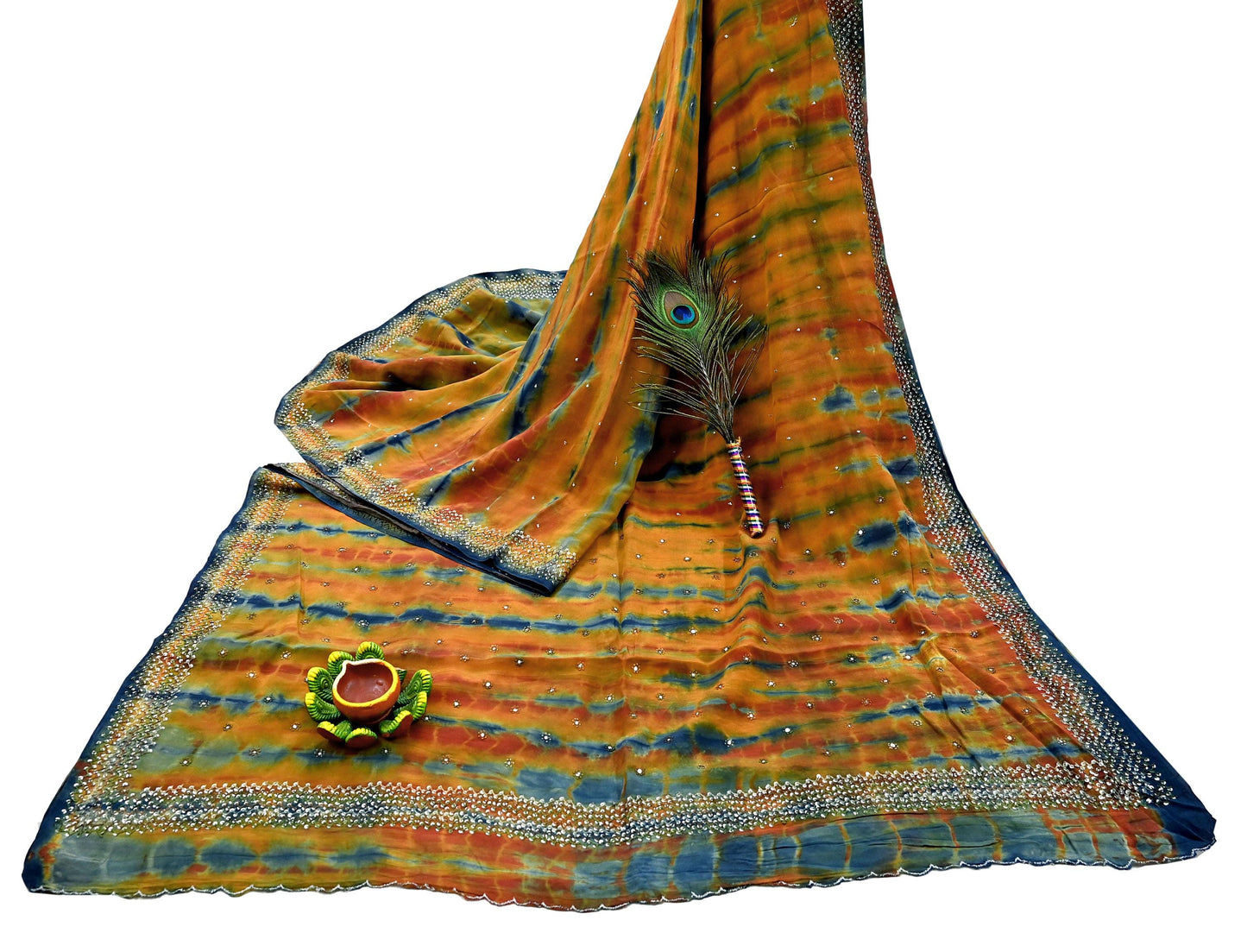 Indian Vintage Multi Saree Pure Crepe Silk Hand Embroidered Tie-Dye Sari Fabric 6yard Sewing Craft Fabric Ethnic Sequins Dressmaking