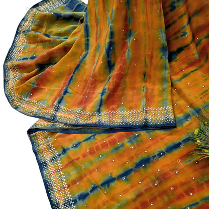 Indian Vintage Multi Saree Pure Crepe Silk Hand Embroidered Tie-Dye Sari Fabric 6yard Sewing Craft Fabric Ethnic Sequins Dressmaking
