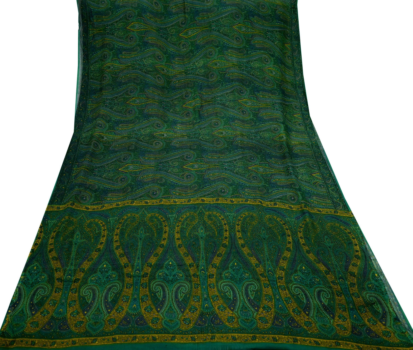 Women Vintage Sari Green Pure Chiffon Silk Printed Sarees Craft Fabric Sewing 5Yd Soft Dress Making Crafting Quilting Upcycle Used