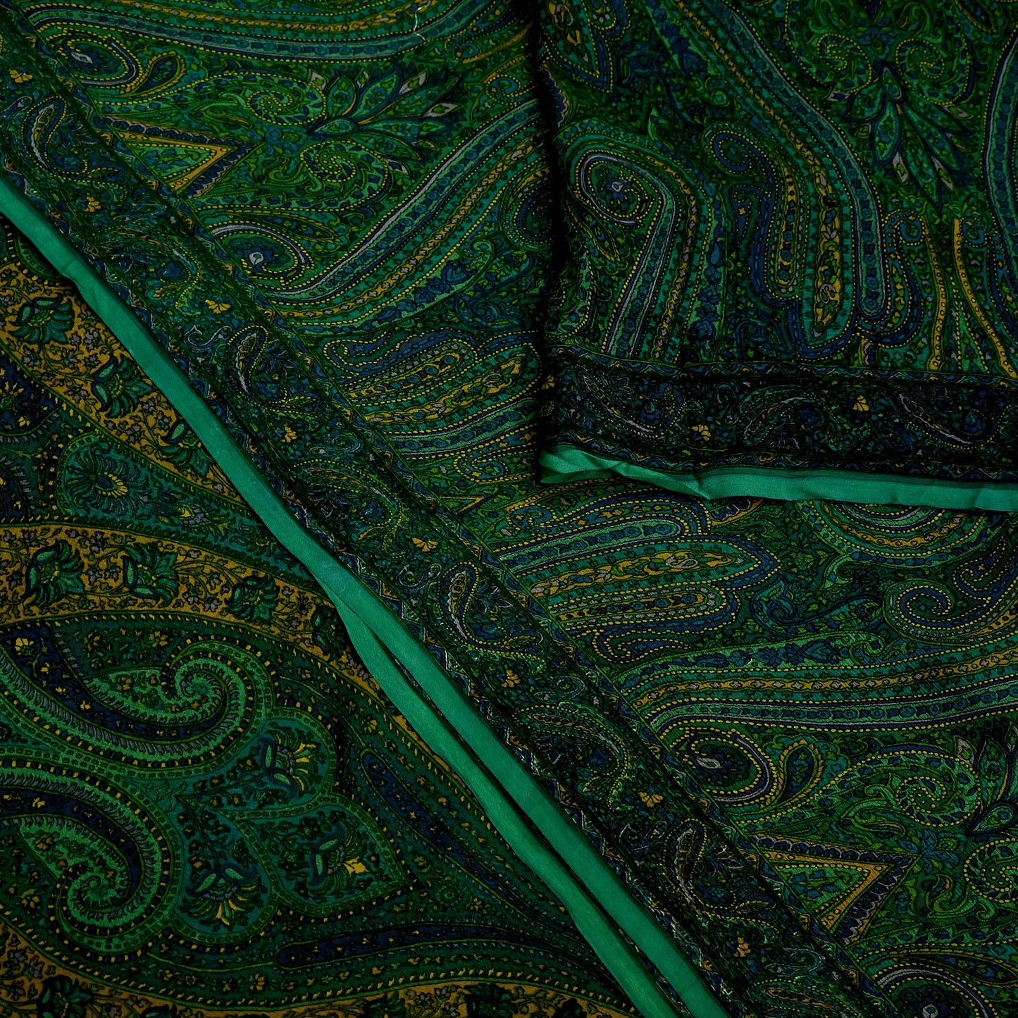 Women Vintage Sari Green Pure Chiffon Silk Printed Sarees Craft Fabric Sewing 5Yd Soft Dress Making Crafting Quilting Upcycle Used