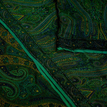 Women Vintage Sari Green Pure Chiffon Silk Printed Sarees Craft Fabric Sewing 5Yd Soft Dress Making Crafting Quilting Upcycle Used