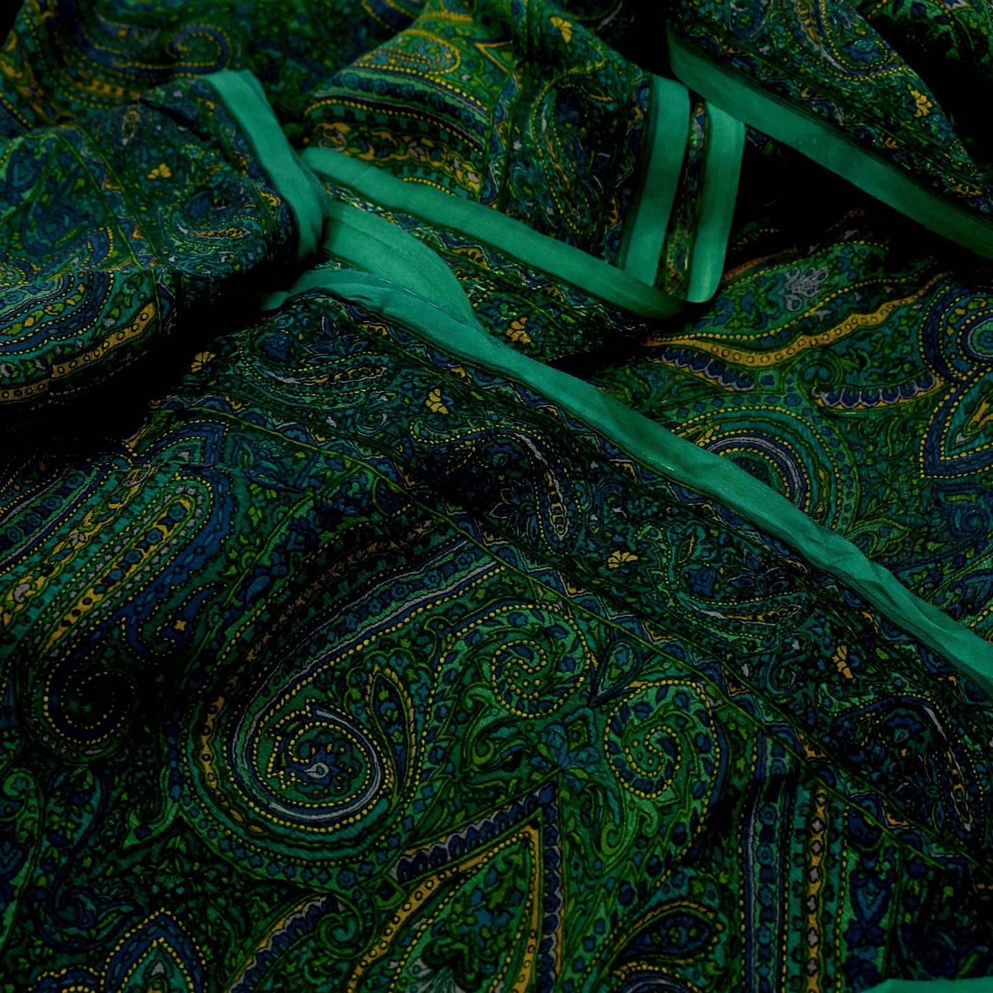 Women Vintage Sari Green Pure Chiffon Silk Printed Sarees Craft Fabric Sewing 5Yd Soft Dress Making Crafting Quilting Upcycle Used