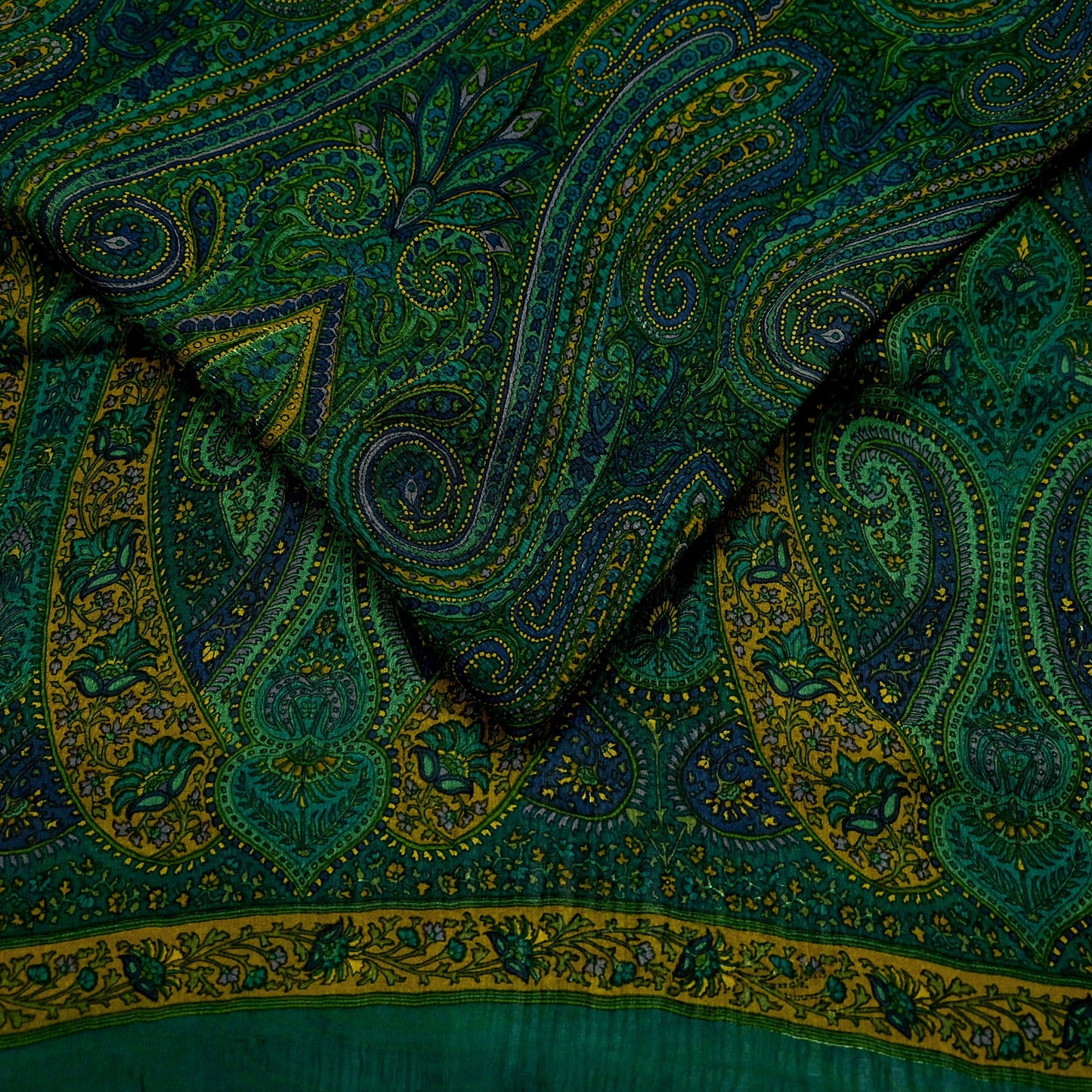 Women Vintage Sari Green Pure Chiffon Silk Printed Sarees Craft Fabric Sewing 5Yd Soft Dress Making Crafting Quilting Upcycle Used