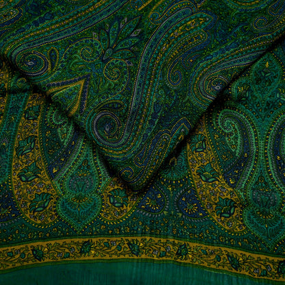 Women Vintage Sari Green Pure Chiffon Silk Printed Sarees Craft Fabric Sewing 5Yd Soft Dress Making Crafting Quilting Upcycle Used