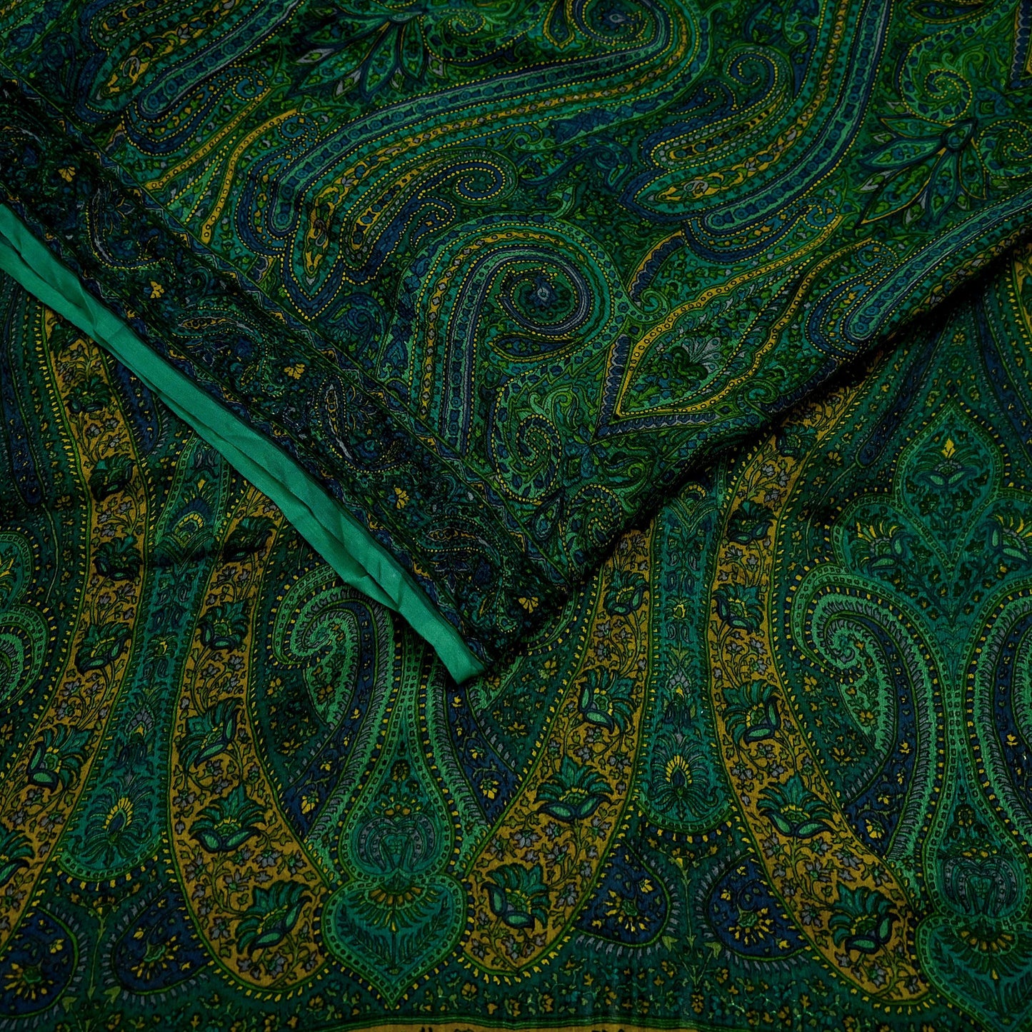 Women Vintage Sari Green Pure Chiffon Silk Printed Sarees Craft Fabric Sewing 5Yd Soft Dress Making Crafting Quilting Upcycle Used